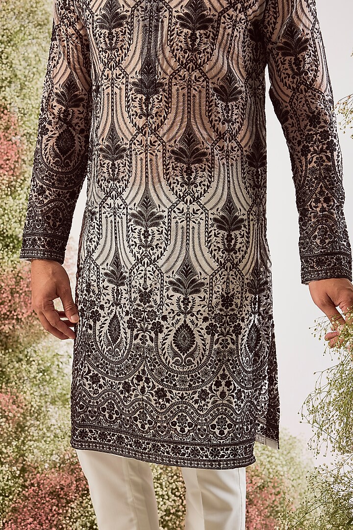 Black Organza Chikankari Embroidered Kurta by Kasbah Clothing at Pernia's Pop Up Shop