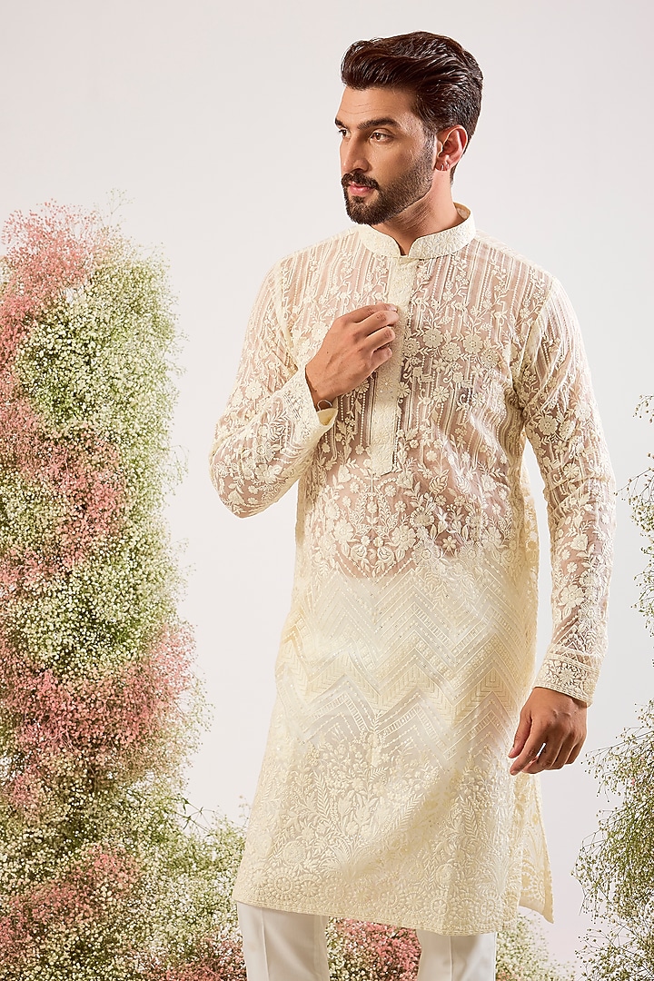 White Organza Chikankari Embroidered Kurta by Kasbah Clothing at Pernia's Pop Up Shop