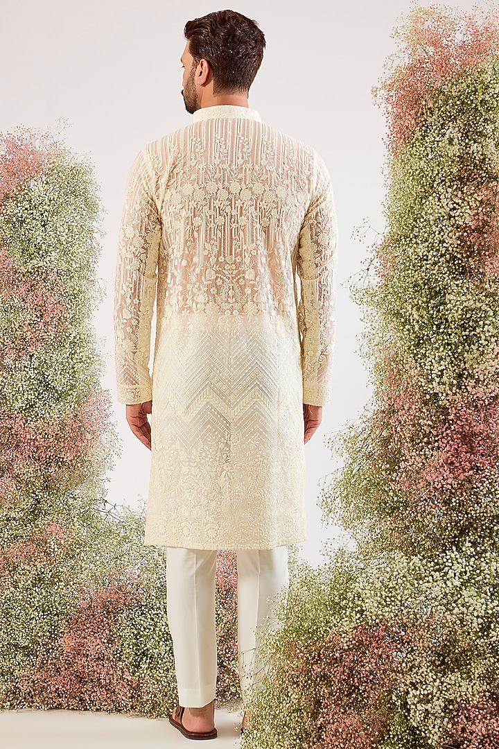 White Organza Chikankari Embroidered Kurta by Kasbah Clothing at Pernia's Pop Up Shop