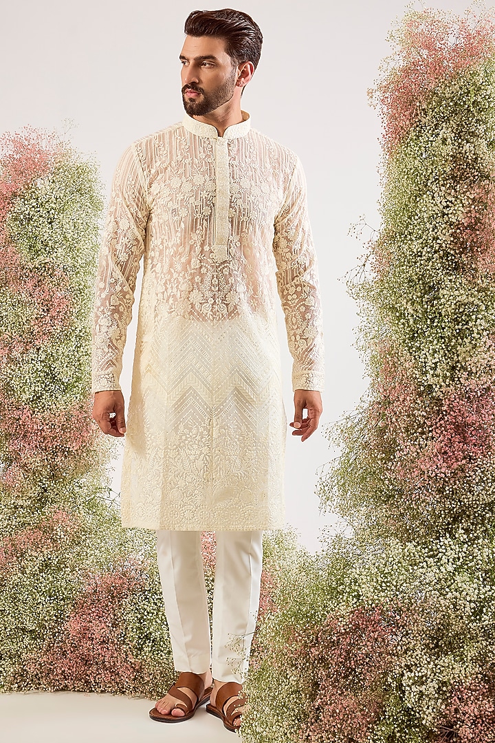 White Organza Chikankari Embroidered Kurta by Kasbah Clothing at Pernia's Pop Up Shop