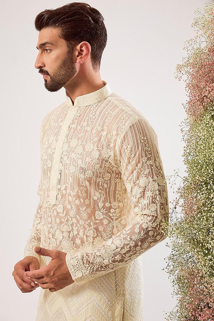 White Organza Chikankari Embroidered Kurta by Kasbah Clothing at Pernia's Pop Up Shop