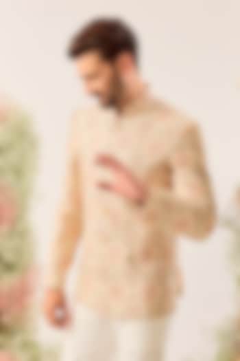 Beige Silk Embroidered Wedding Bandhgala Jacket by Kasbah Clothing at Pernia's Pop Up Shop