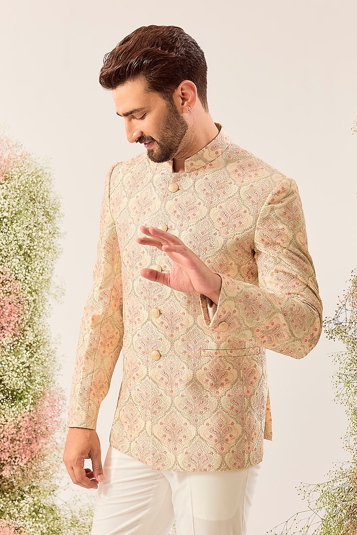 Beige Silk Embroidered Wedding Bandhgala Jacket by Kasbah Clothing at Pernia's Pop Up Shop