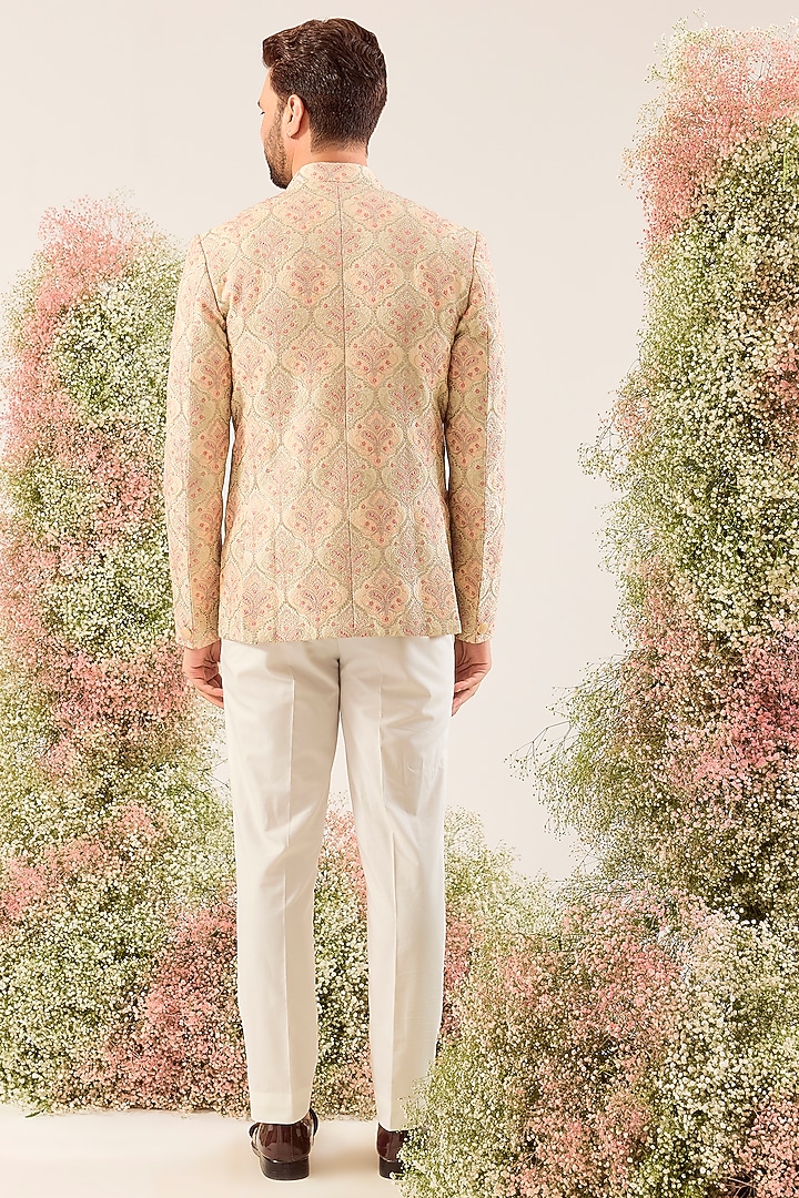 Beige Silk Embroidered Wedding Bandhgala Jacket by Kasbah Clothing at Pernia's Pop Up Shop