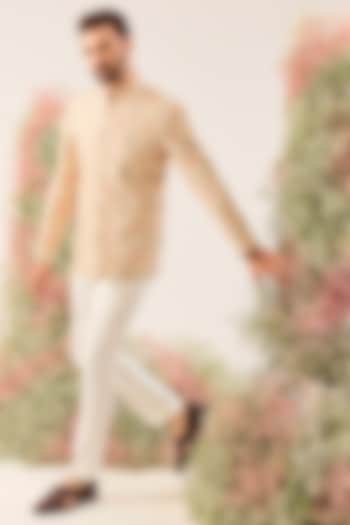 Beige Silk Embroidered Wedding Bandhgala Jacket by Kasbah Clothing at Pernia's Pop Up Shop