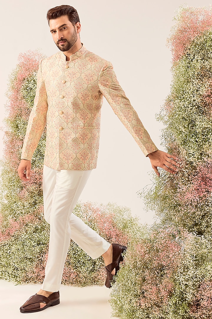 Beige Silk Embroidered Wedding Bandhgala Jacket by Kasbah Clothing at Pernia's Pop Up Shop