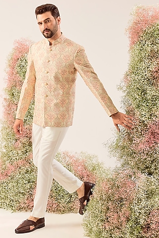 Beige Silk Embroidered Bandhgala Jacket by Kasbah Clothing