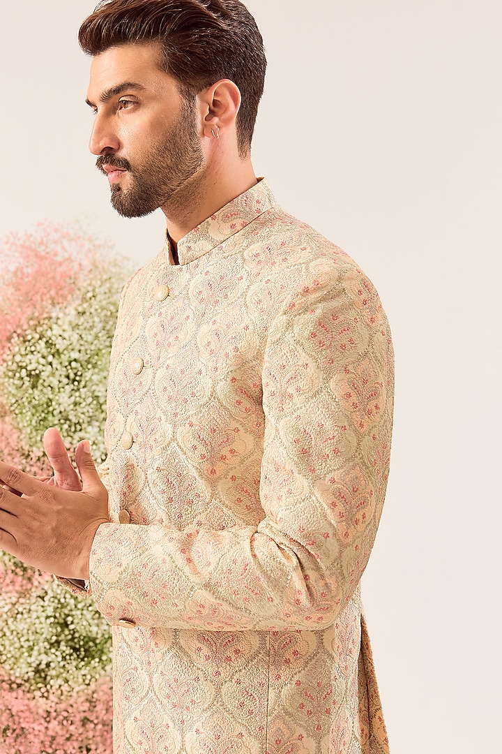 Beige Silk Embroidered Wedding Bandhgala Jacket by Kasbah Clothing at Pernia's Pop Up Shop