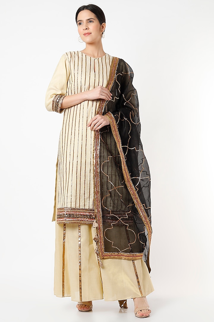 Beige Gota Embroidered Kurta Set by Kashidaa at Pernia's Pop Up Shop