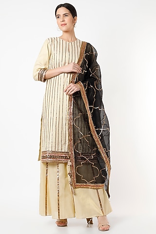 Beige Gota Embroidered Kurta Set by Kashidaa