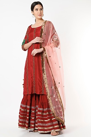 Red Silk Embroidered Sharara Set by Kashidaa