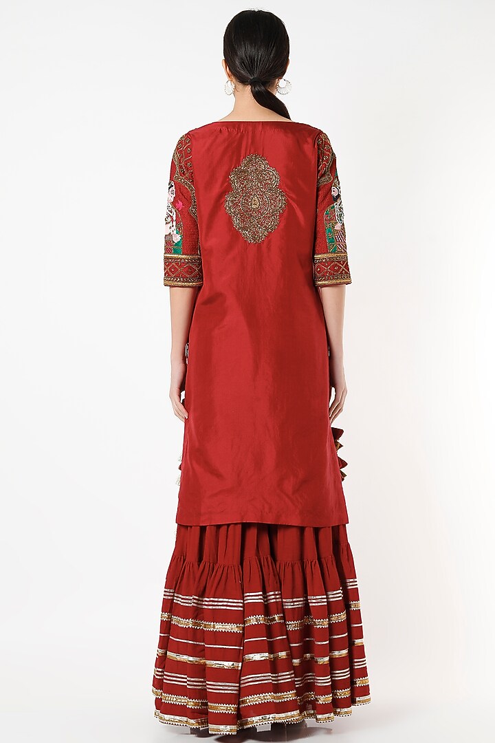 Red Silk Embroidered Wedding Sharara Set by Kashidaa at Pernia's Pop Up Shop