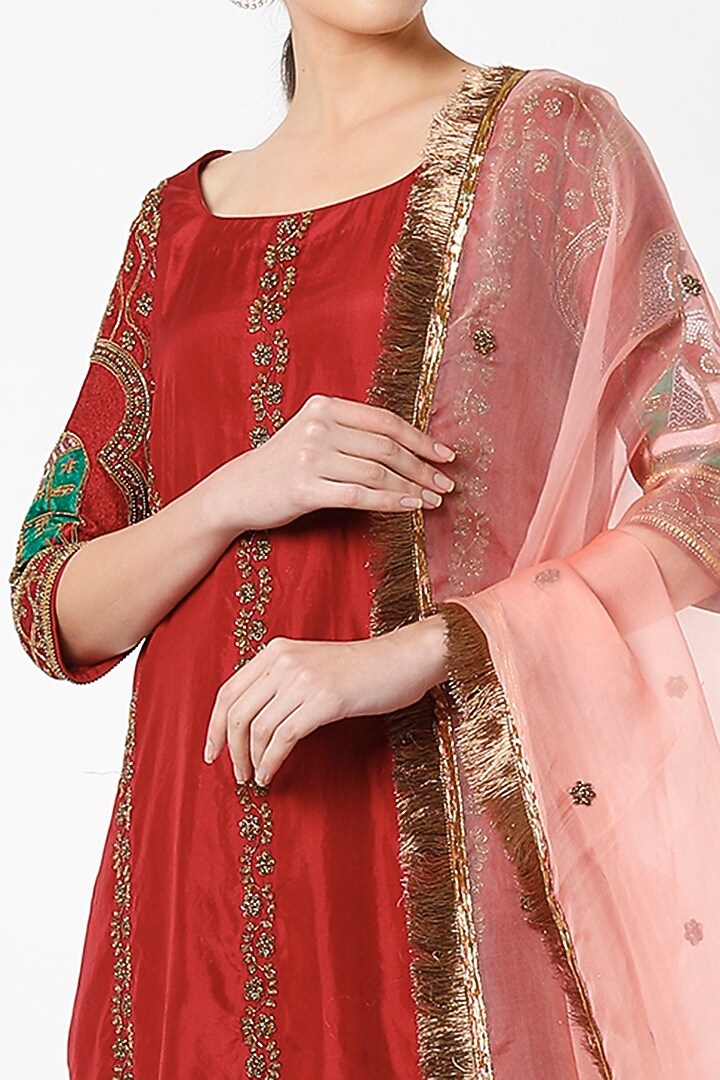 Red Silk Embroidered Wedding Sharara Set by Kashidaa at Pernia's Pop Up Shop