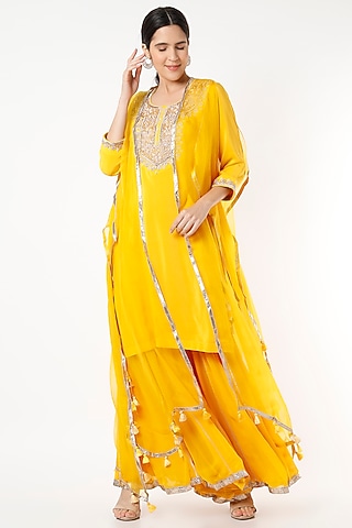 Yellow Georgette Sharara Set by Kashidaa
