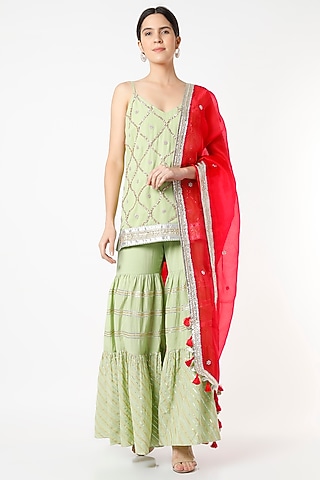 Mint Green Embroidered Sharara Set by Kashidaa