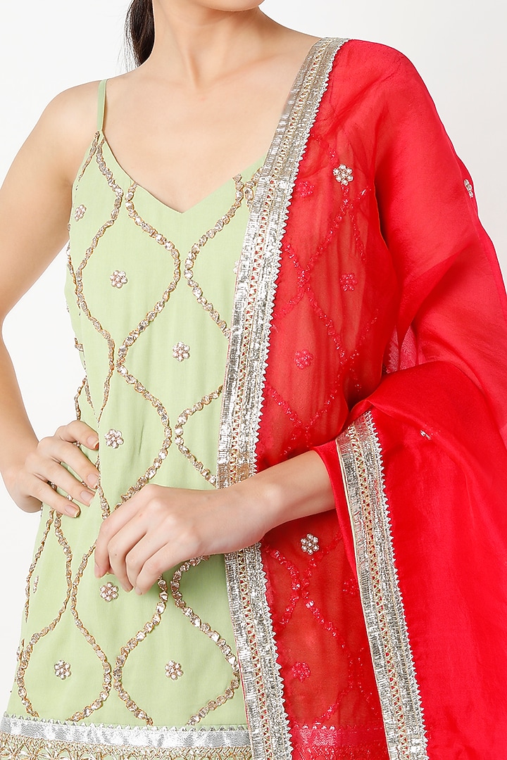 Mint Green Embroidered Wedding Sharara Set by Kashidaa at Pernia's Pop Up Shop