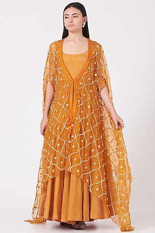 Beer Orange Woven Chanderi Anarkali With Cape by Kashidaa
