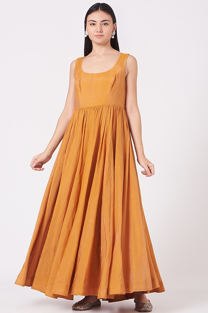 Beer Orange Woven Chanderi Party Wear Anarkali With Cape by Kashidaa at Pernia's Pop Up Shop