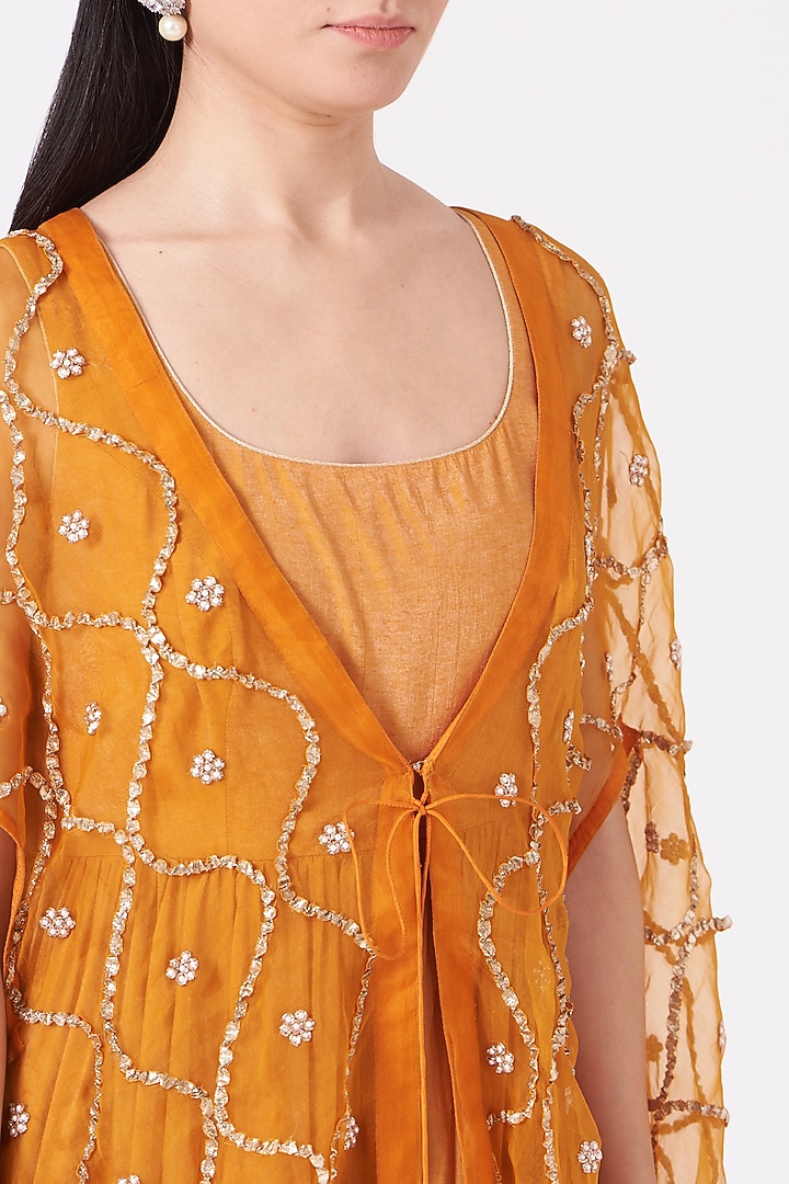 Beer Orange Woven Chanderi Party Wear Anarkali With Cape by Kashidaa at Pernia's Pop Up Shop