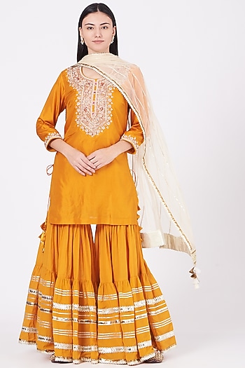 German Mustard Gota Embroidered Wedding Sharara Set by Kashidaa at Pernia's Pop Up Shop