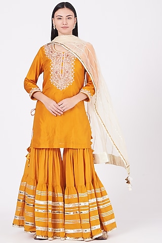 German Mustard Gota Embroidered Sharara Set by Kashidaa