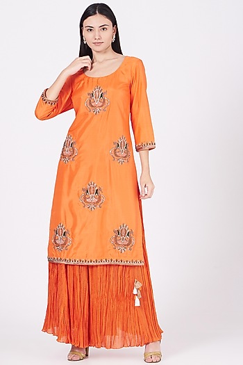 Burning Orange Silk Crushed Wedding Sharara Set by Kashidaa at Pernia's Pop Up Shop