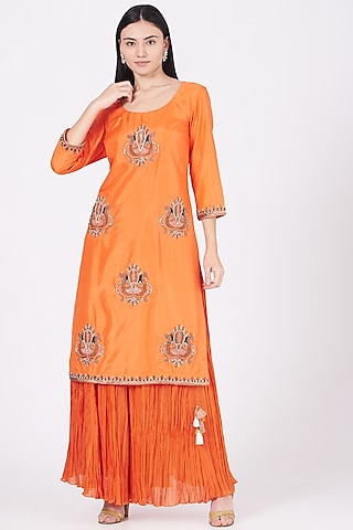 Burning Orange Silk Crushed Sharara Set by Kashidaa