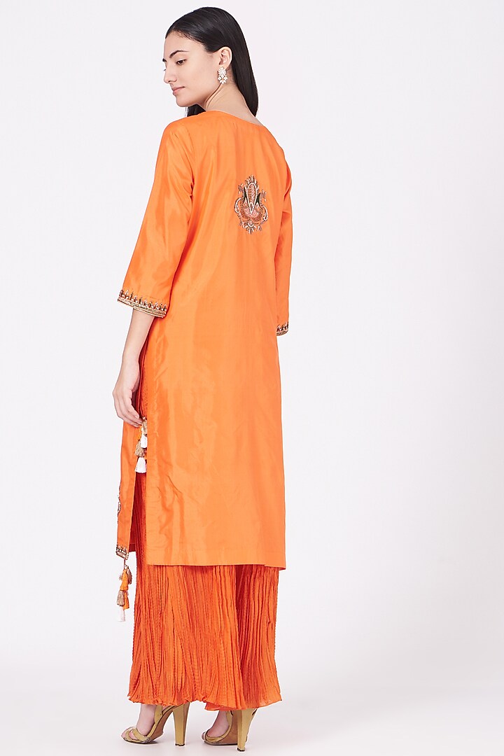 Burning Orange Silk Crushed Wedding Sharara Set by Kashidaa at Pernia's Pop Up Shop