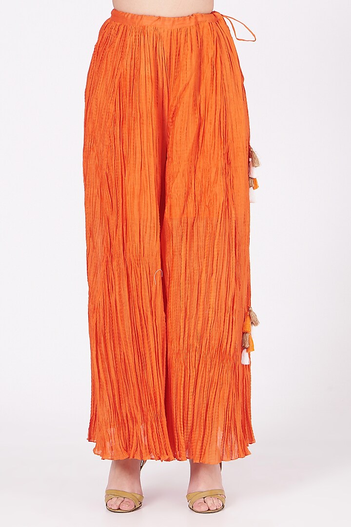 Burning Orange Silk Crushed Wedding Sharara Set by Kashidaa at Pernia's Pop Up Shop