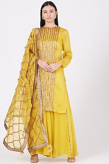 Dandelion Yellow Gota Embroidered Wedding Sharara Set by Kashidaa at Pernia's Pop Up Shop