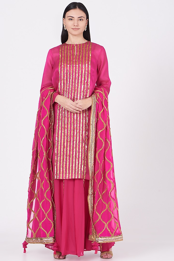 Dark Pink Gota Embroidered Sharara Set by Kashidaa