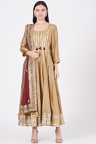 Beige Gota Embroidered Anarkali Set by Kashidaa