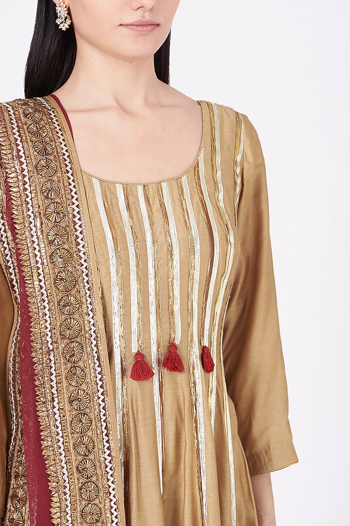 Beige Gota Embroidered Party Wear Anarkali Set by Kashidaa at Pernia's Pop Up Shop