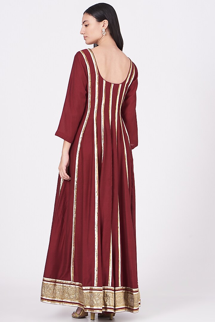 Burgundy Chanderi Silk Party Wear Anarkali Set by Kashidaa at Pernia's Pop Up Shop