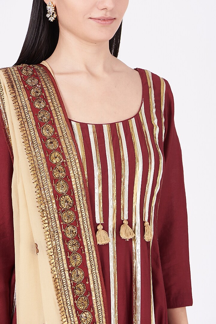 Burgundy Chanderi Silk Party Wear Anarkali Set by Kashidaa at Pernia's Pop Up Shop