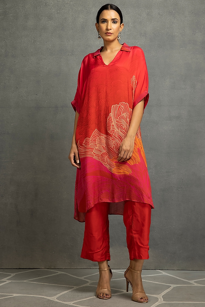 Dark Red & Pink Cotton Silk Printed Kurta Set by Kahani Lush