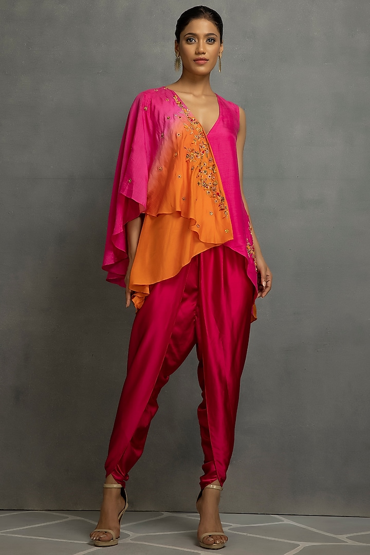 Pink & Orange Cotton Silk Ombre Dhoti Set by Kahani Lush