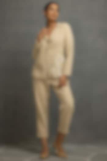 Beige Cotton Jute Embroidered Pant Set by Kahani Lush at Pernia's Pop Up Shop