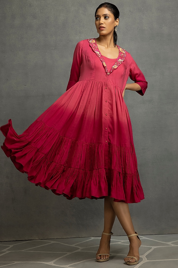 Pink Cotton Silk Embroidered Ombre Dress by Kahani Lush