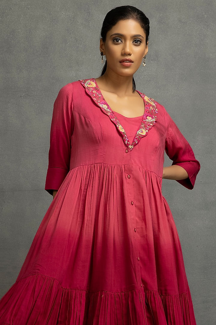 Pink Cotton Silk Embroidered Ombre Vacation Dress by Kahani Lush at Pernia's Pop Up Shop