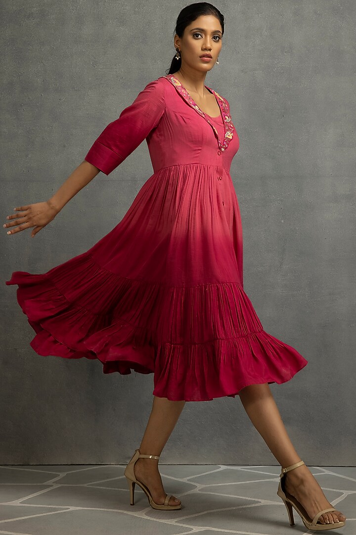 Pink Cotton Silk Embroidered Ombre Vacation Dress by Kahani Lush at Pernia's Pop Up Shop