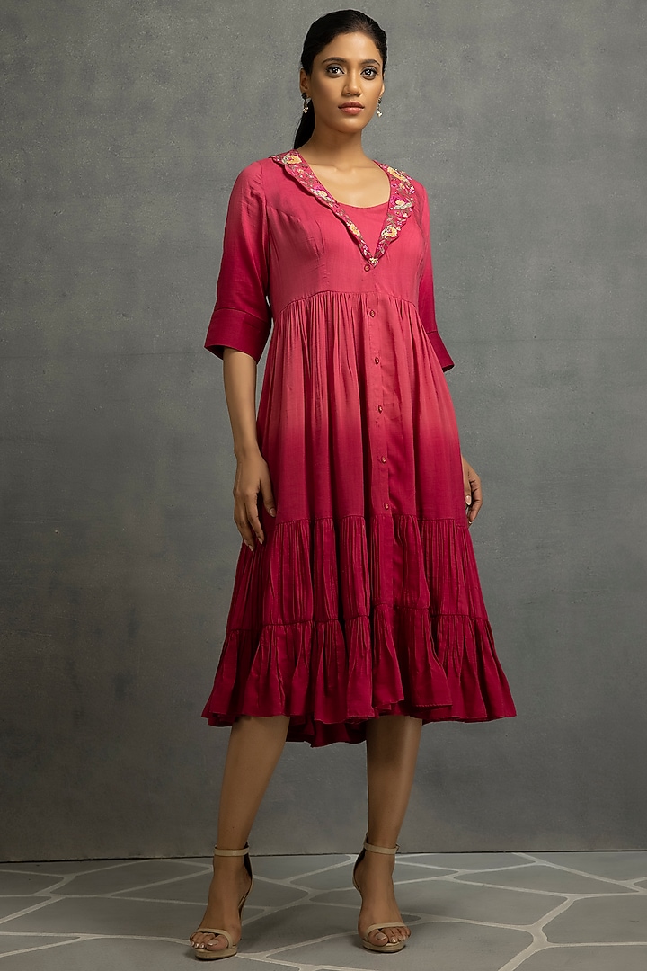 Pink Cotton Silk Embroidered Ombre Vacation Dress by Kahani Lush at Pernia's Pop Up Shop