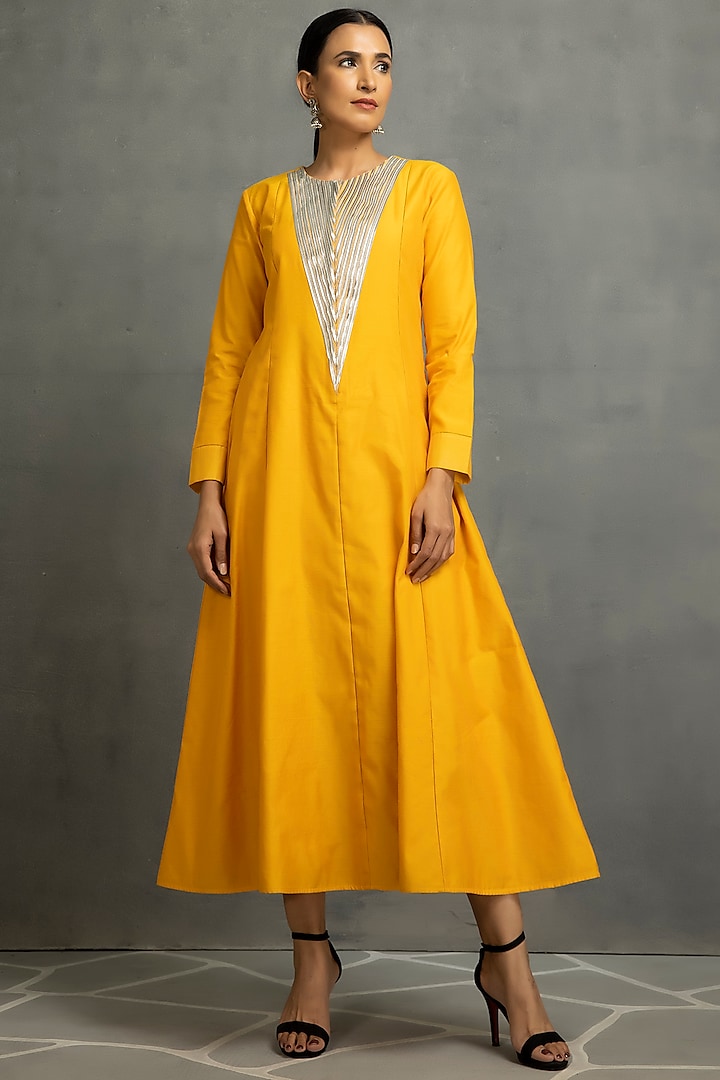 Yellow Chanderi Embroidered Dress by Kahani Lush