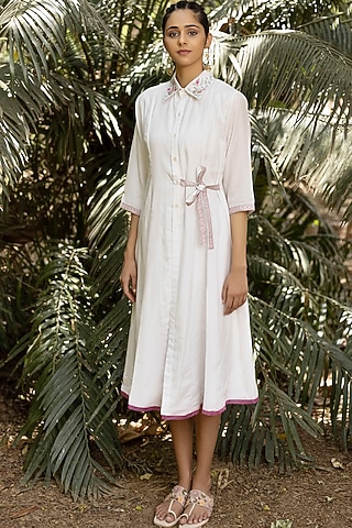 White Embroidered Midi Shirt Dress by Kahani Lush