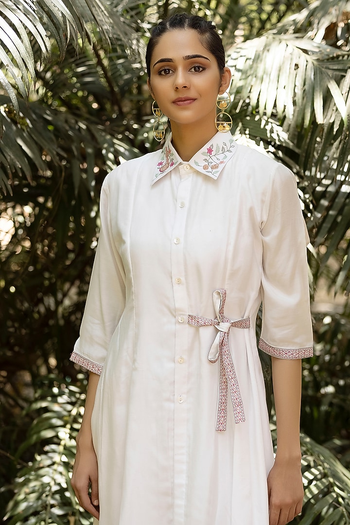 White Embroidered Midi Summer Shirt Dress by Kahani Lush at Pernia's Pop Up Shop