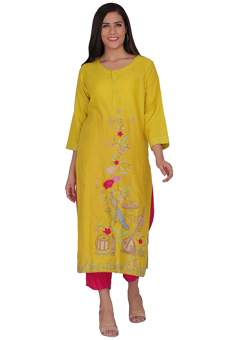 Yellow Embroidered Kurta Set by Kahani Lush