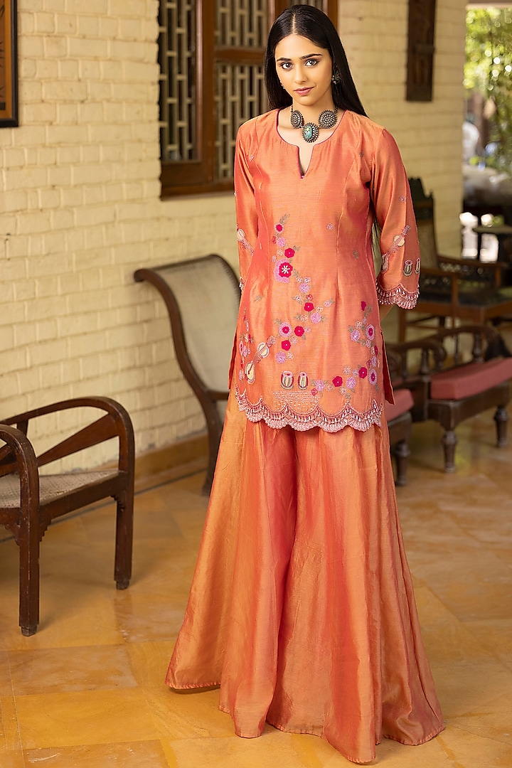 Pink & Orange Dual-Toned Chanderi Sharara Set by Kahani Lush