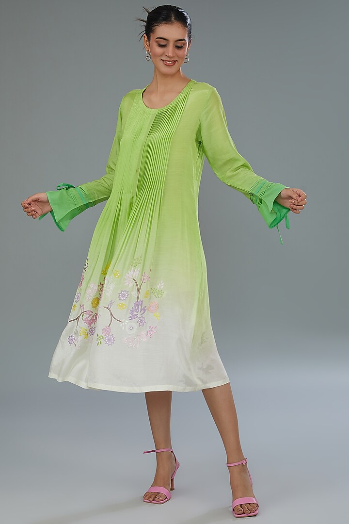 White & Green Ombre Dyed Cotton Silk Thread Embroidered Midi Dress by Kahani Lush at Pernia's Pop Up Shop