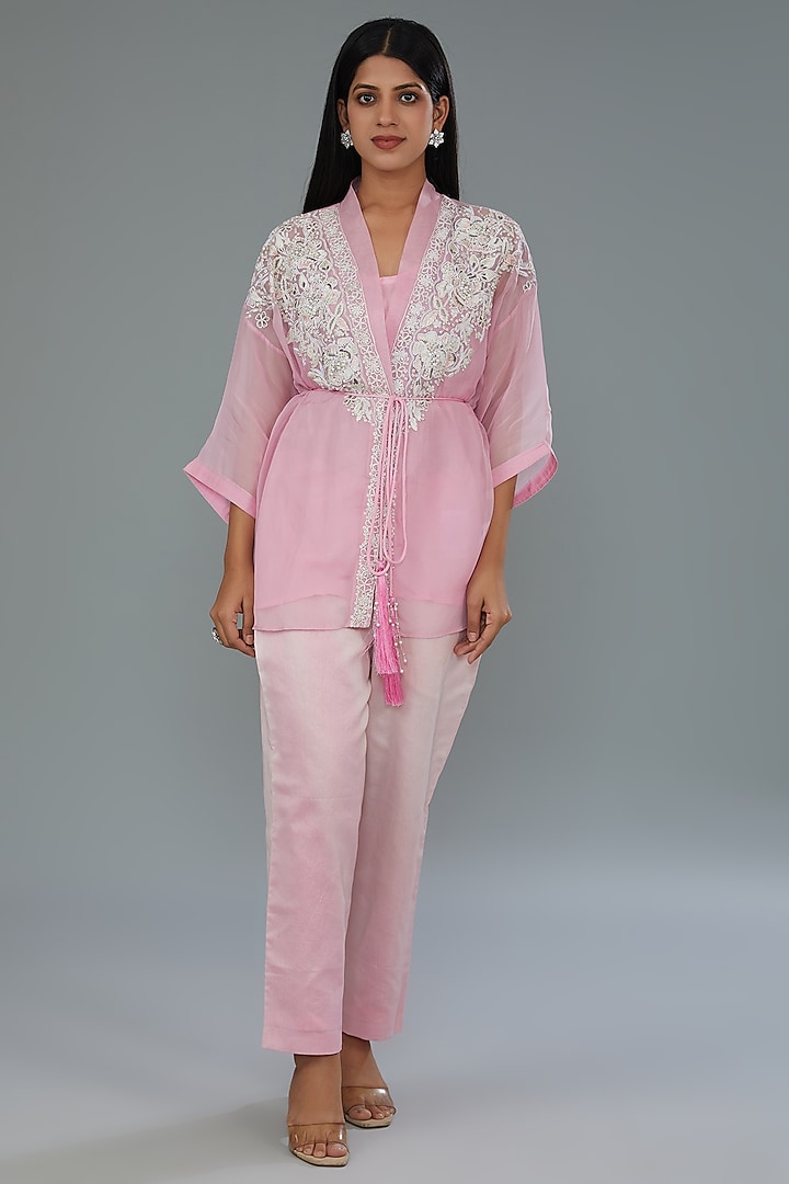 Pink Organza Silk Hand & Machine Embroidered Co-Ord Set by Kahani Lush at Pernia's Pop Up Shop