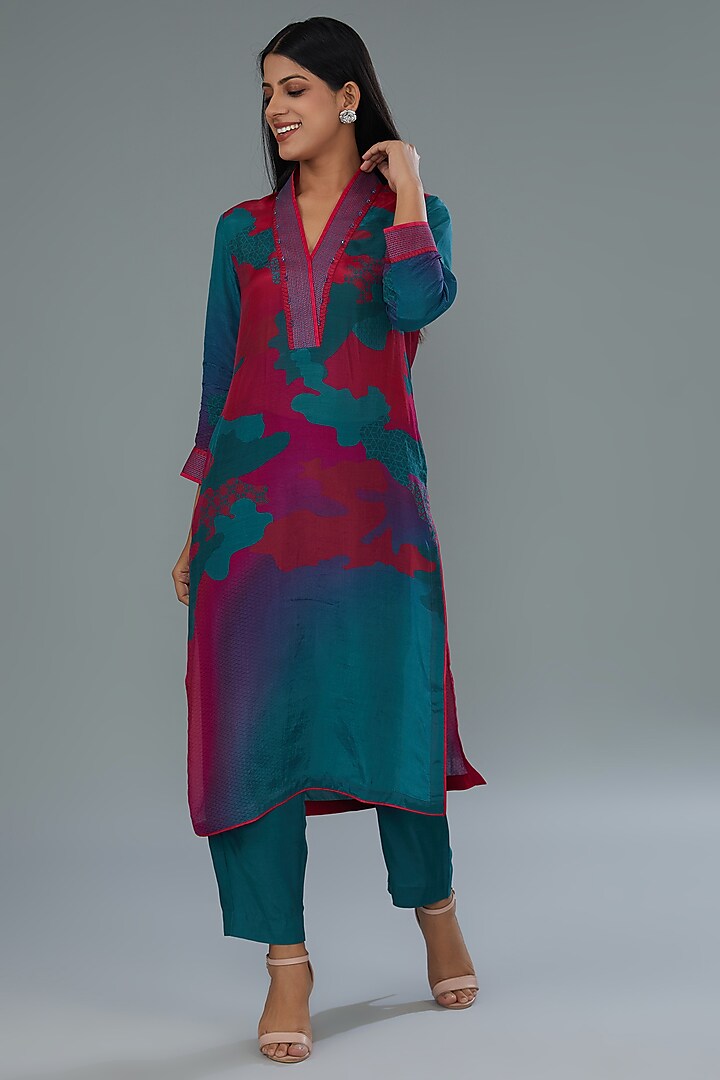 Teal Blue & Pink Cotton Silk Digital Printed Co-Ord Set by Kahani Lush at Pernia's Pop Up Shop